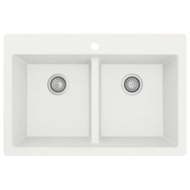Karran 33" Top Mount Double Equal Bowl Quartz Kitchen Sink, White - Image 2