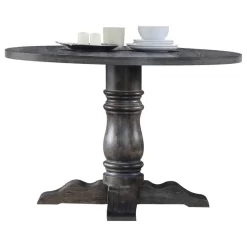 Wooden Round Dining Table With Heavy Pedestal Feet Weathered Gray- Saltoro