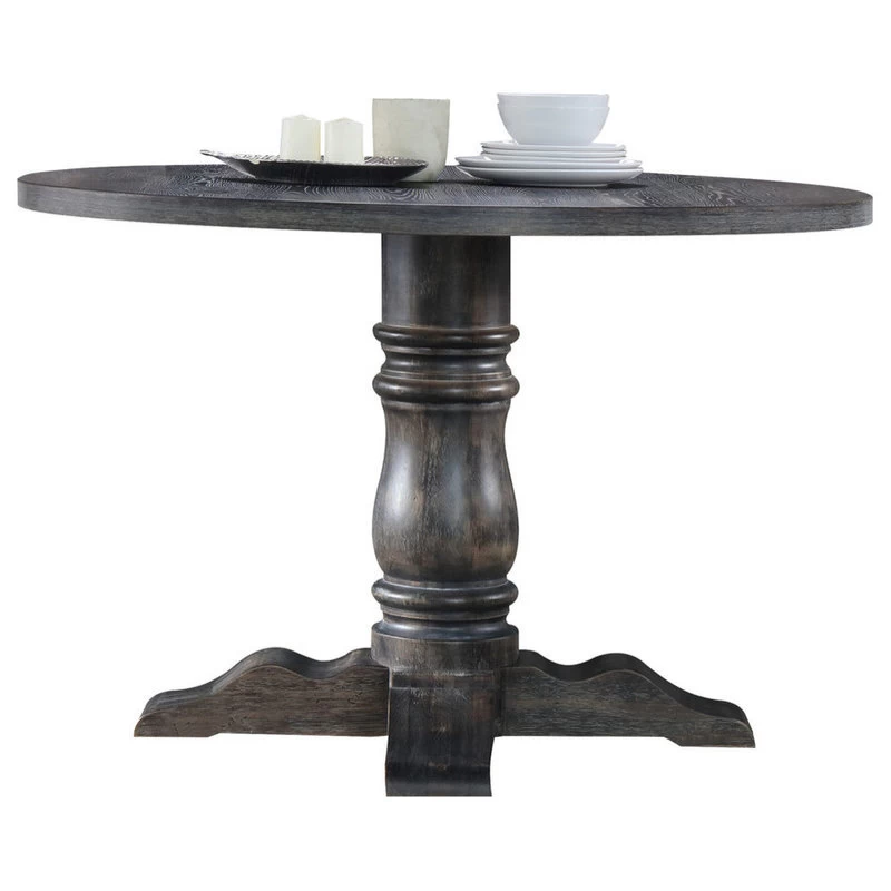 Wooden Round Dining Table With Heavy Pedestal Feet Weathered Gray- Saltoro