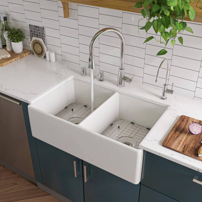 ALFI Brand White 32" Smooth Apron Double Bowl Fireclay Farmhouse Kitchen Sink - Image 2