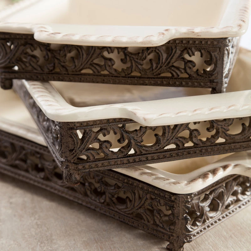 Acanthus Ceramic Baker With An Artfully Crafted Scrolled Metal Base, 14x9 - Image 2