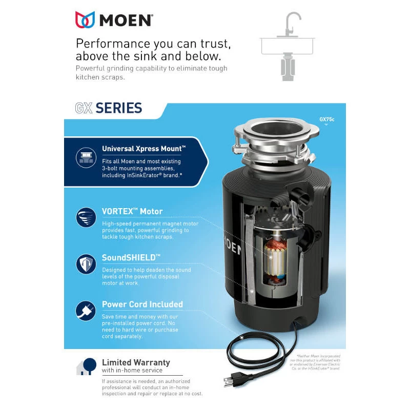 Moen GXS75C GX 3/4 HP Continuous Garbage Disposal - Stainless Steel - Image 4