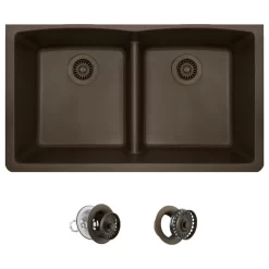 812 Low-Divide Double Bowl Kitchen Sink, Mocha, Colored Strainer/Flange
