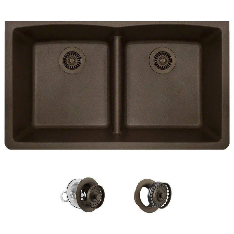812 Low-Divide Double Bowl Kitchen Sink, Mocha, Colored Strainer/Flange