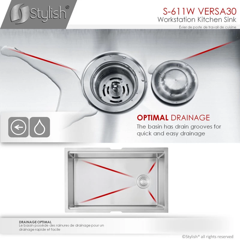 30"L X 19"W Stainless Steel Single Basin Undermount Kitchen Sink - Image 4
