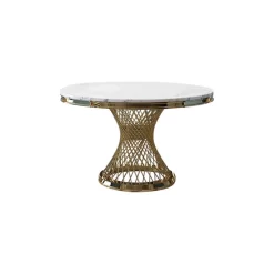Modern Pedestal Dining Table Faux Marble Tabletop Golden Stainless Steel Frame