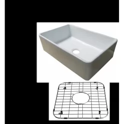 Fireclay Glossy White Farmhouse Kitchen Sink With Stainless Sink Protective Grid