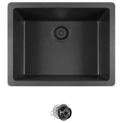 808 Dual-mount Single Bowl Quartz Kitchen Sink, Black, Colored Strainer