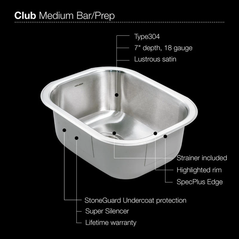 Houzer CS-1407-1 Club Series Undermount Medium Bowl Bar/Prep Sink - Image 3