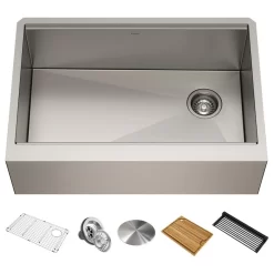 Kore Workstation Farmhouse Stainless Steel 1-Bowl Kitchen Sink W Accessories, 30