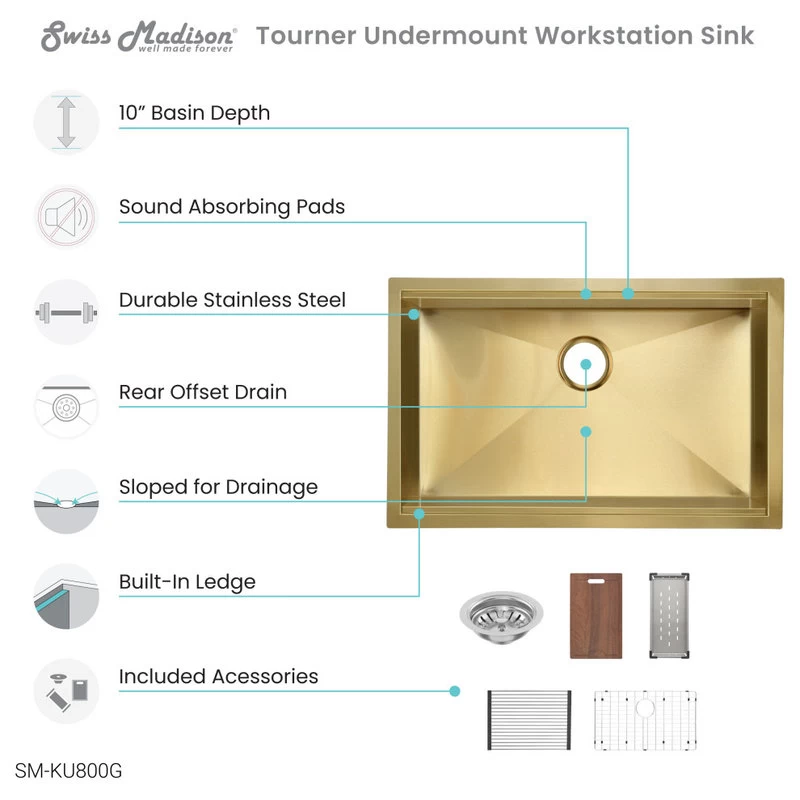 Tourner 30x19 Stainless Steel, Single Basin, Undermount Kitchen Sink, Gold - Image 9