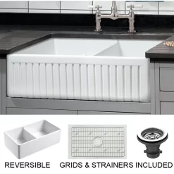 Sutton Place Reversible Farmhouse 55/45 Double Bowl Sink, Grid, Strainer, 33"