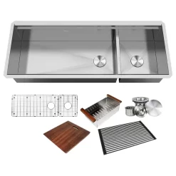 48in. 16-Gauge Undermount Double Bowl Stainless Steel Kitchen Sink W/Accessories