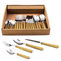 Flaware Stainless Steel 24- Piece Set With Light Wood Design Finish Handles