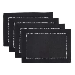 Stylish Solid Color Hemstitched Border Placemat, 13"x19" - Set Of 4, Black