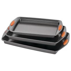 Yum-O! Nonstick 3-Piece Oven Lovin' Cookie Pan Set, Gray, Orange Silicone Grips