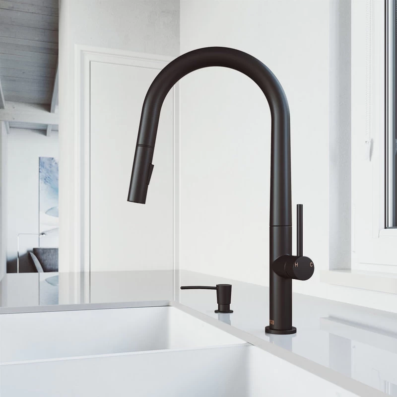 VIGO Greenwich Pull-Down Kitchen Faucet With Soap Dispenser, Matte Black - Image 3