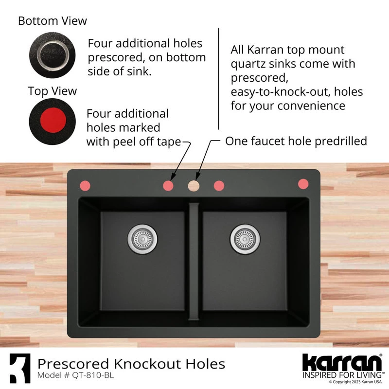 Karran 33" Top Mount Double Equal Bowl Quartz Kitchen Sink, White - Image 6