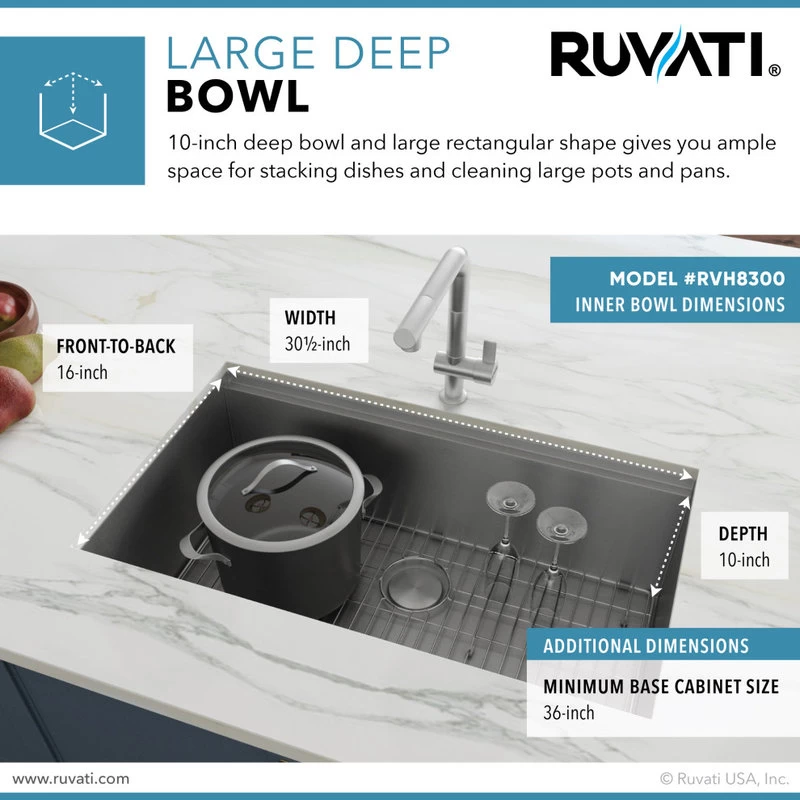 Ruvati RVH8300 Undermount 16 Gauge 32" Kitchen Sink Single Bowl - Image 4