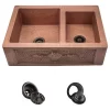 Offset Double Bowl Copper Apron Sink, Strainer And Flange