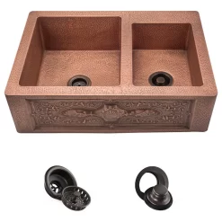 Offset Double Bowl Copper Apron Sink, Strainer And Flange