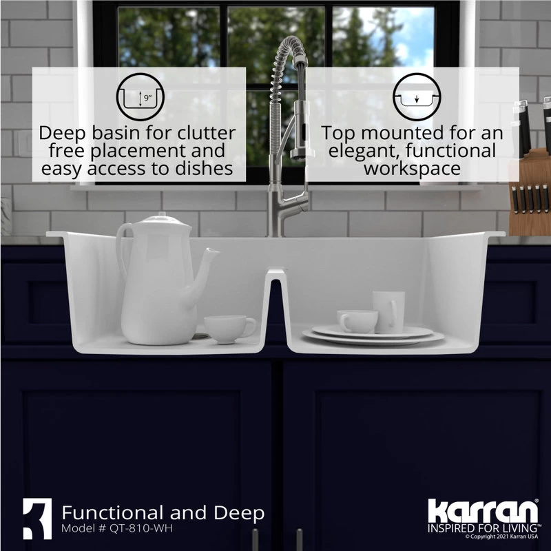 Karran 33" Top Mount Double Equal Bowl Quartz Kitchen Sink, White - Image 10
