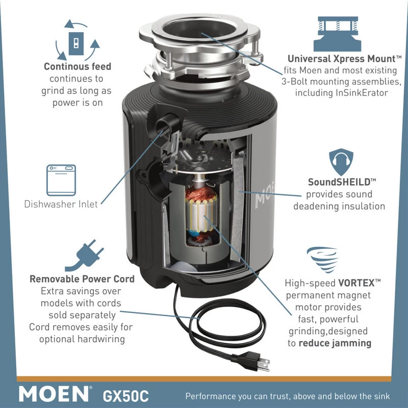 Moen GX50C GX 1/2 HP Continuous Garbage Disposal - Stainless Steel - Image 3