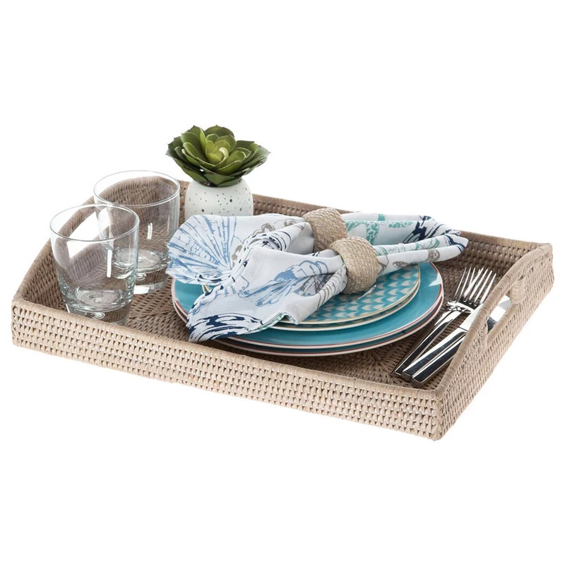 La Jolla Rattan Rectangular Serving Tray, White-Wash - Image 2