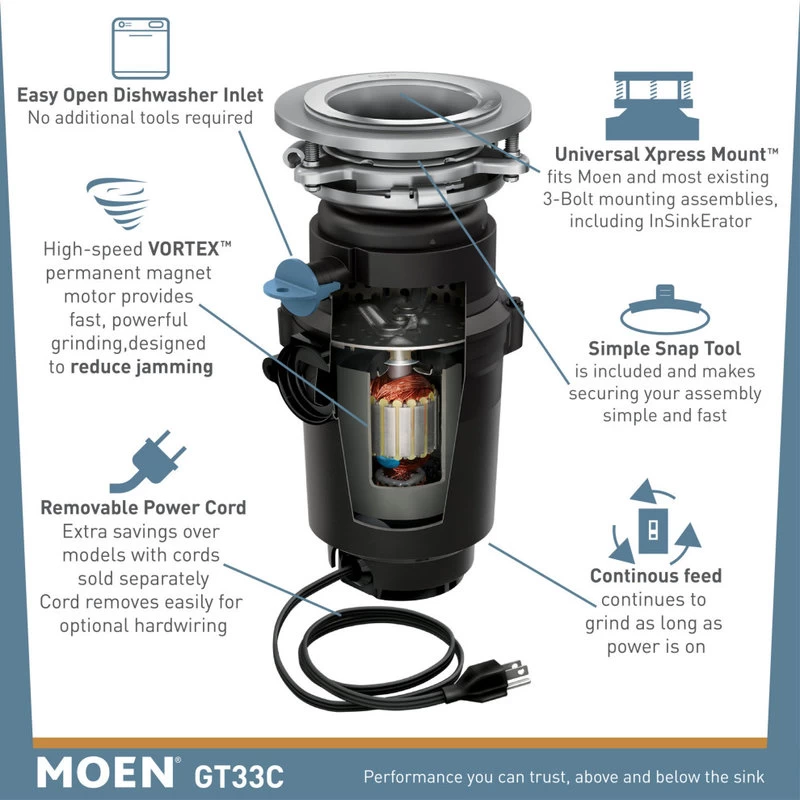 Moen GT33C GT Series 1/3 HP Continuous Garbage Disposal - Black - Image 2