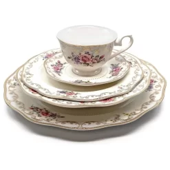 Royalty Porcelain "Ruby Rose" 5-pc White & Gold Floral Dinnerware Set