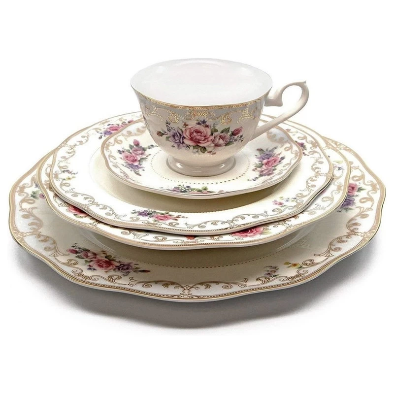 Royalty Porcelain "Ruby Rose" 5-pc White & Gold Floral Dinnerware Set