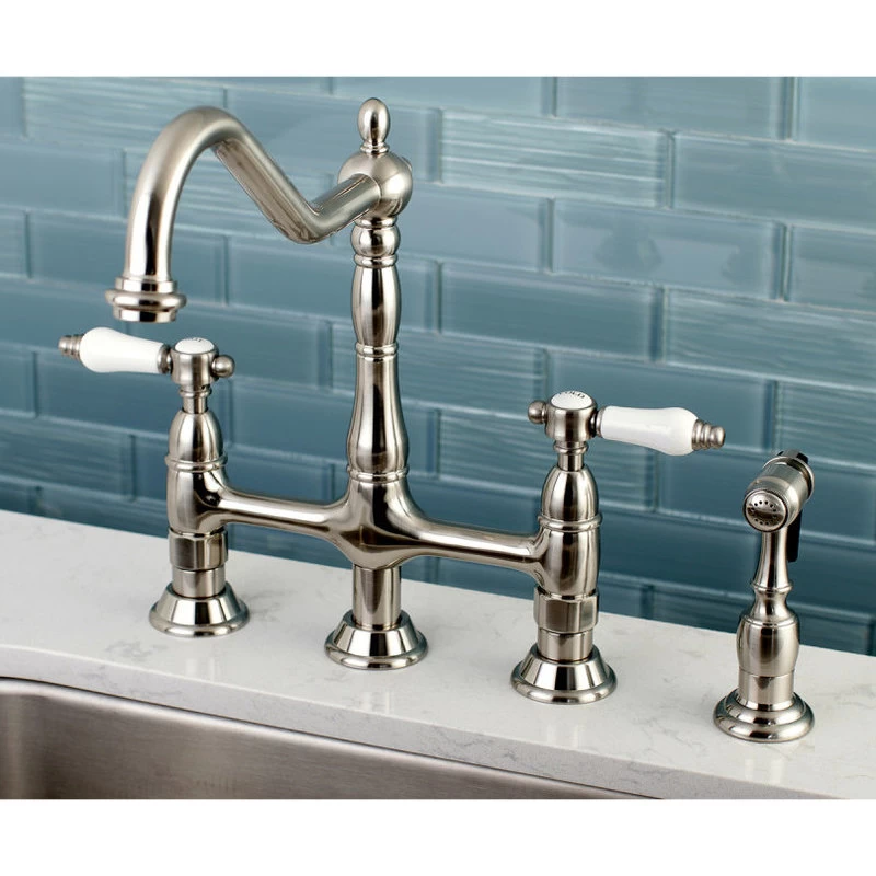 Kingston Brass Bridge Kitchen Faucet With Brass Sprayer, Brushed Nickel - Image 3