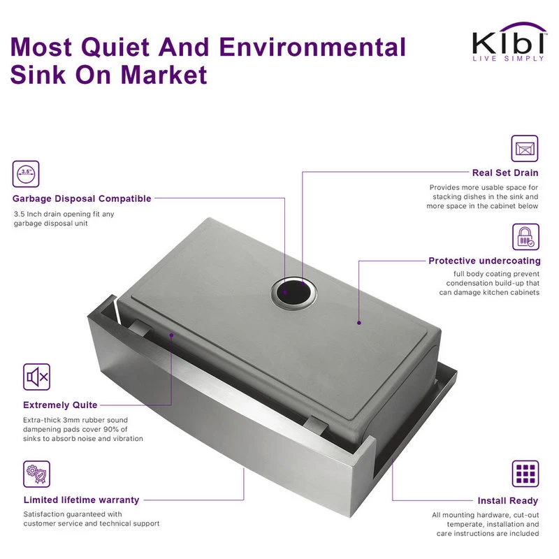 KIBI Handcrafted Farmhouse Apron Single Bowl Stainless Steel Kitchen Sink, 30" - Image 3