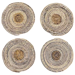 Striped White And Natural Banana Leaf Wicker Round Placemats, Set Of 4