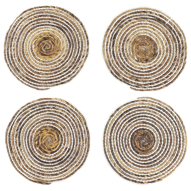 Striped White And Natural Banana Leaf Wicker Round Placemats, Set Of 4