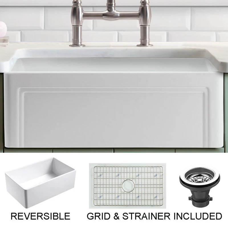 Olde London Reversible Farmhouse Single Bowl Kitchen Sink, Grid, Strainer, 27"