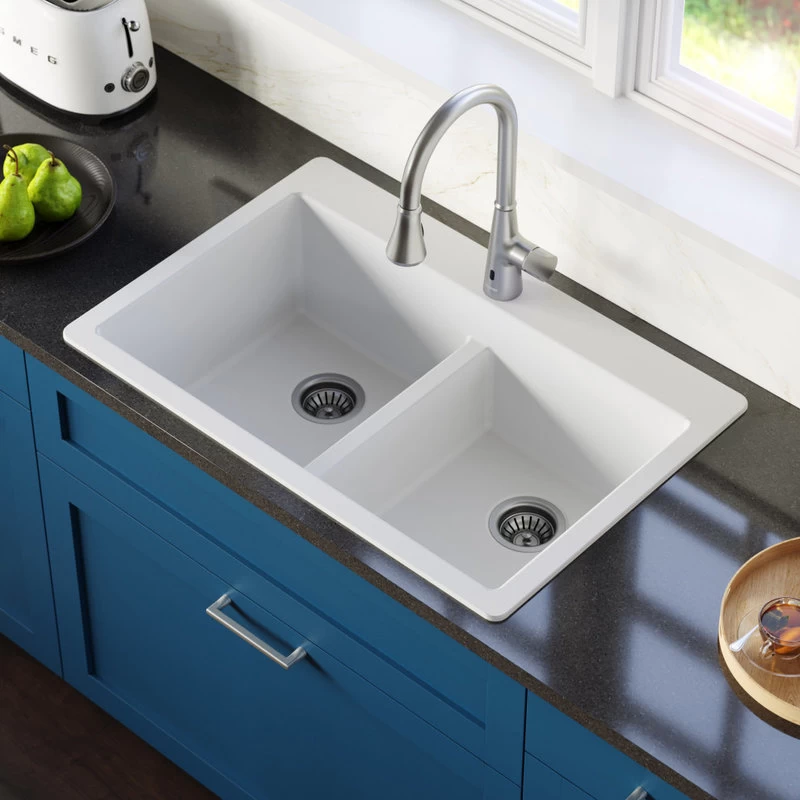 Karran 33" Top Mount Double Equal Bowl Quartz Kitchen Sink, White