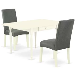 3-Piece Table Set Table, 2 Dining Chairs-Gray Fabric, Drop Leaf Table, White