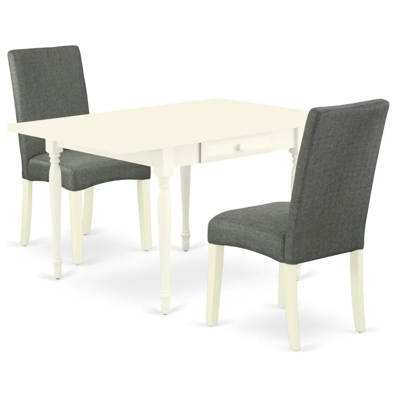 3-Piece Table Set Table, 2 Dining Chairs-Gray Fabric, Drop Leaf Table, White