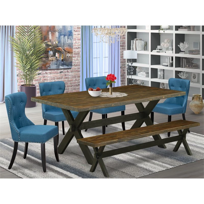 East West Furniture X-Style 6-piece Wood Dining Set In Jacobean/Black - Image 2