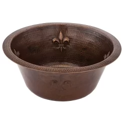 Premier Copper Products 16" Round Copper Bar Sink With Fleur De Lis And 2" Drain Size, 2"