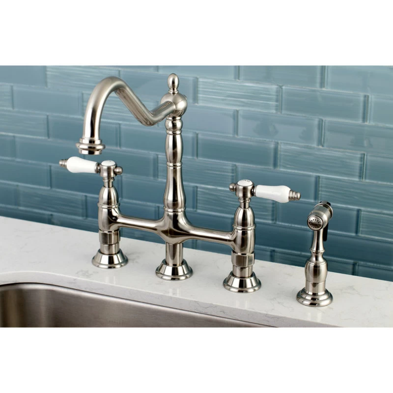 Kingston Brass Bridge Kitchen Faucet With Brass Sprayer, Brushed Nickel - Image 2