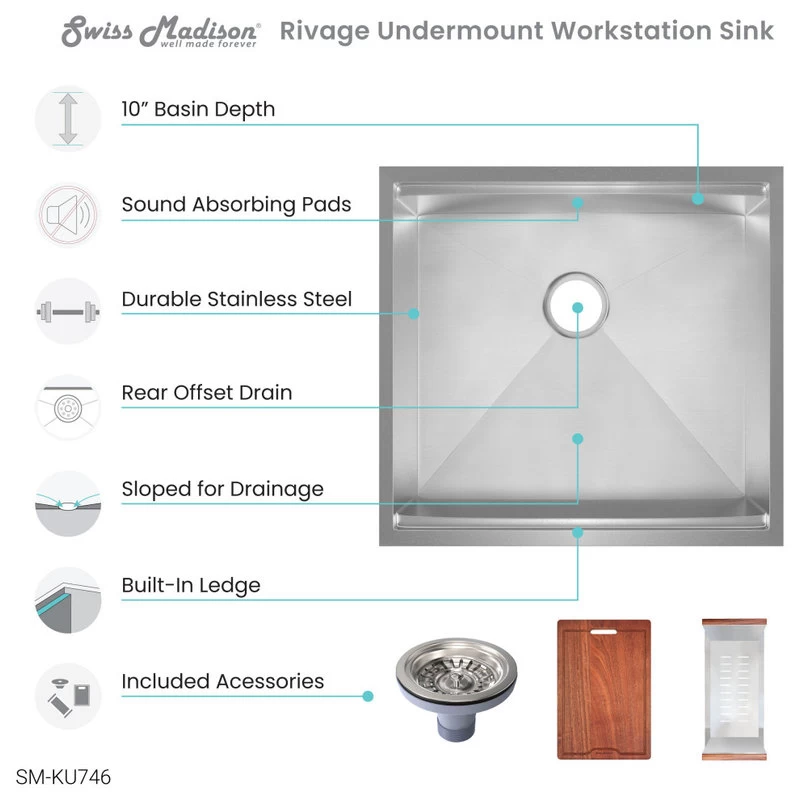 Rivage 22 X 19 Single Basin Undermount Kitchen Workstation Sink - Image 11