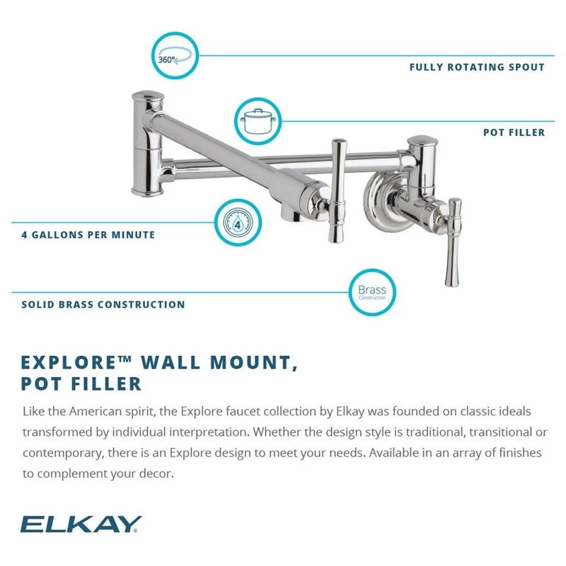 Elkay Explore Wall Mount Pot Filler Kitchen Faucet W/ Lever Handles, Chrome - Image 5
