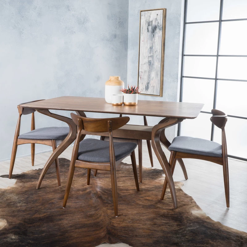 GDF Studio 5-Piece Issaic Fabric And Finished Wood Dining Set, Charcoal/Walnut - Image 2