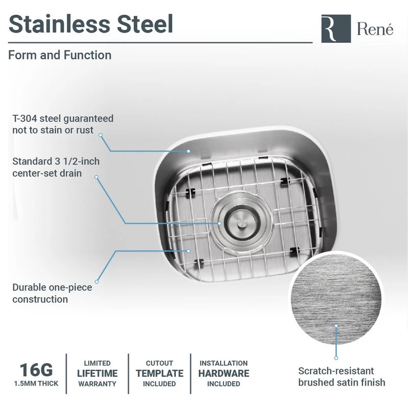 R1-1012 Stainless Steel Bar Sink, 16-Gauge - Image 2