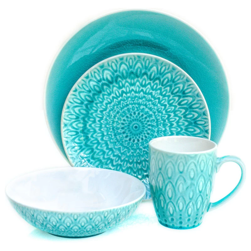 Euro Ceramica Peacock 16 Piece Crackle-glazed Dinnerware Set, Lagoon - Image 2