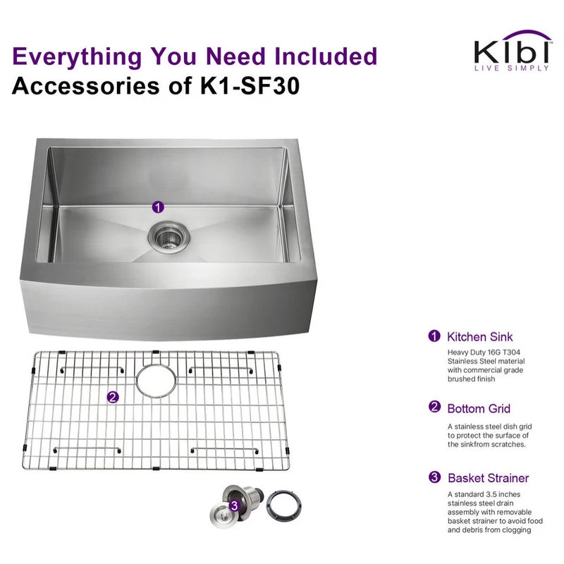 KIBI Handcrafted Farmhouse Apron Single Bowl Stainless Steel Kitchen Sink, 30" - Image 6