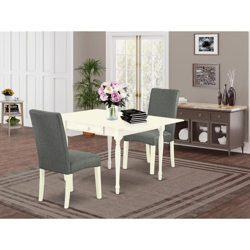 3-Piece Table Set Table, 2 Dining Chairs-Gray Fabric, Drop Leaf Table, White - Image 3