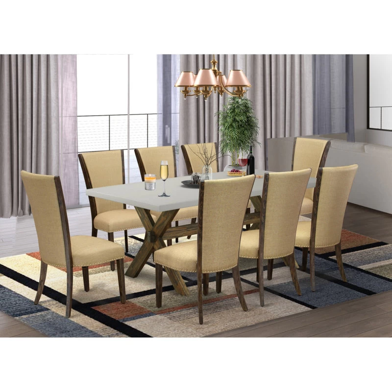 9-Piece Set, Table And 8 Chairs With Brown, Linen Fabric, Medium Size Table - Image 6